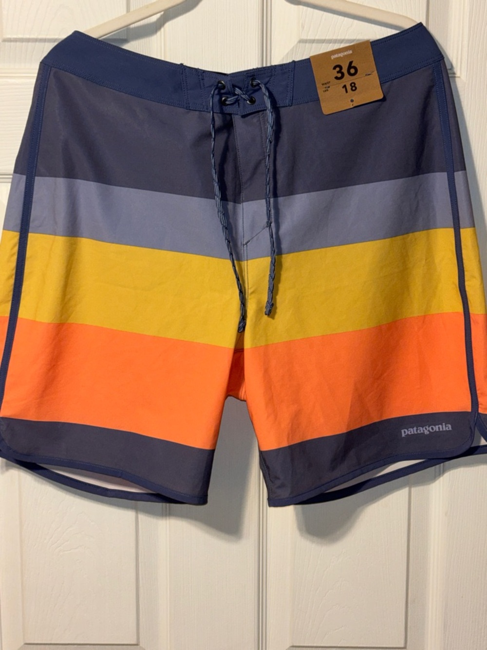 NWT- Patagonia Men’s Boardshorts in Navy, Blue, Yellow & Orange. 36waist